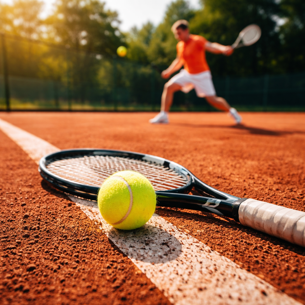 Tennisball und Schläger im Sonnenlicht